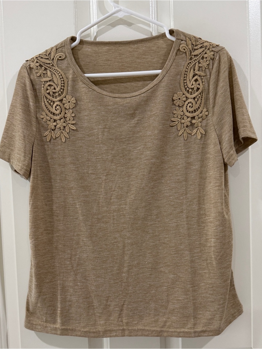 SHEIN Short Sleeve Taupe Top with Floral Lace Shoulder Appliqué